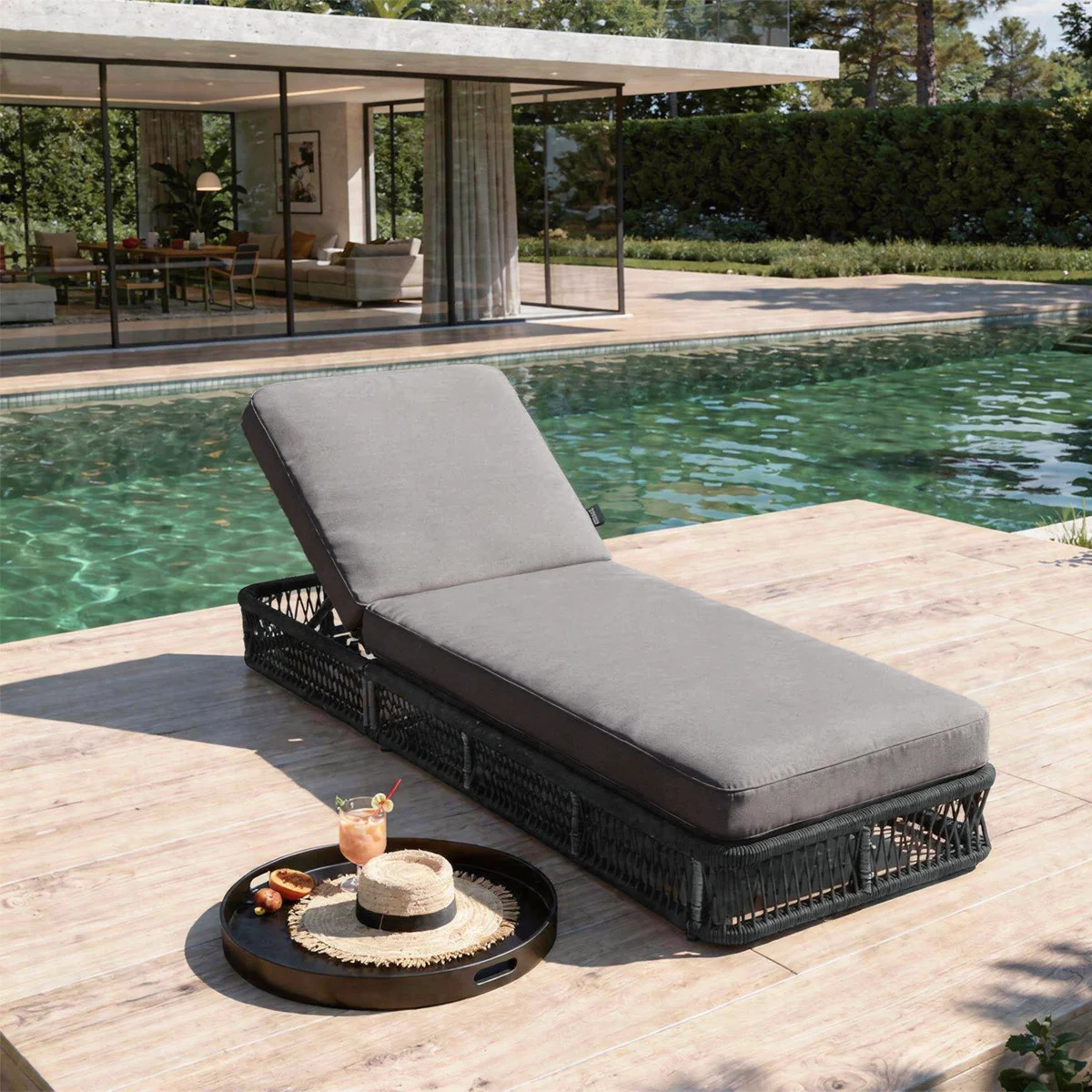 Adjustable Back Pool Chaise Lounge, Woven Rope & Iron Frame with Thick Cushion, Outdoor Patio Lou... | Wayfair North America