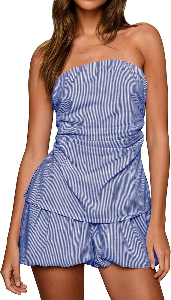 calbatic Womens 2 Piece Striped Tube Top Sets Summer Strapless Ruched Top Bubble Shorts Vacation ... | Amazon (US)