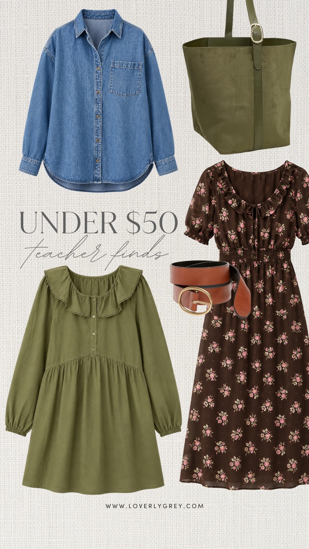 Affordable teacher clothes under $50 featuring floral dresses, olive green dresses, denim shirts, and everyday accessories. These comfortable classroom outfits transition easily from work to weekends. Perfect fall teacher outfit inspiration on a budget.

#LTKootd #LTKgrwm #LTKmomlife