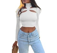 Remidoo Women's Casual Cutout Mock Neck Long Sleeve Slim Fit Crop Top T Shirt | Amazon (US)