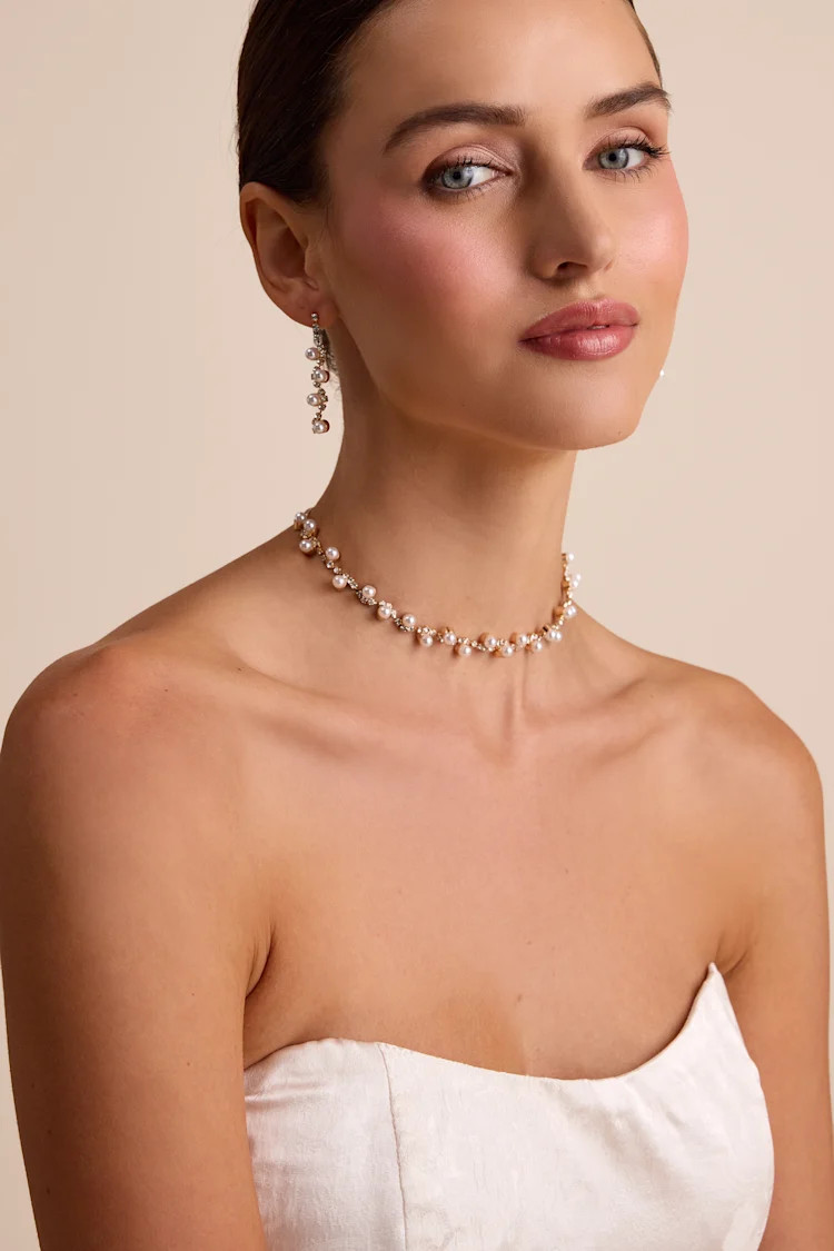 Haleema Gold Pearl Rhinestone Necklace and Earring Set | Lulus