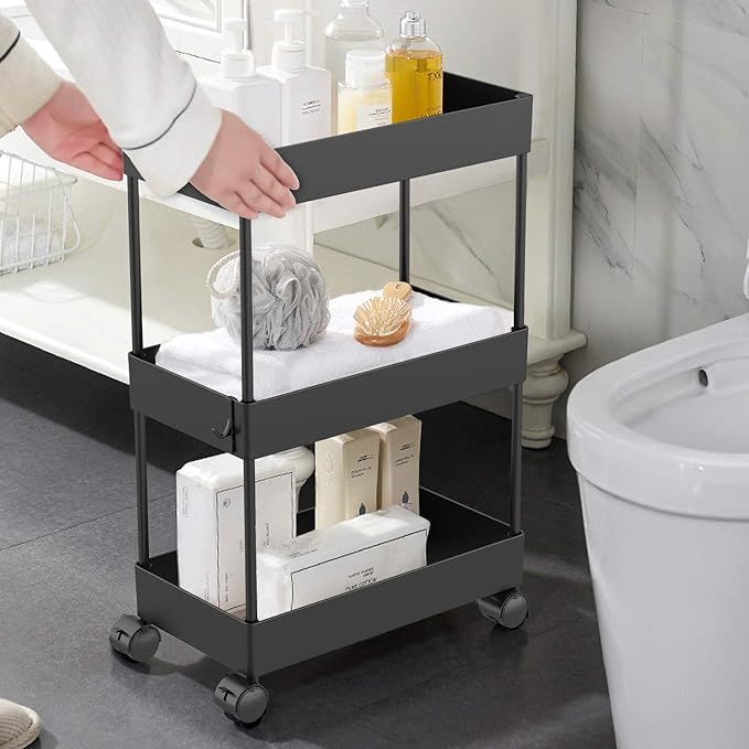 AOJIA Slim Storage Cart, 3 Tier Bathroom Organizers Slide Out Storage Shelves Mobile Shelving Uni... | Amazon (US)