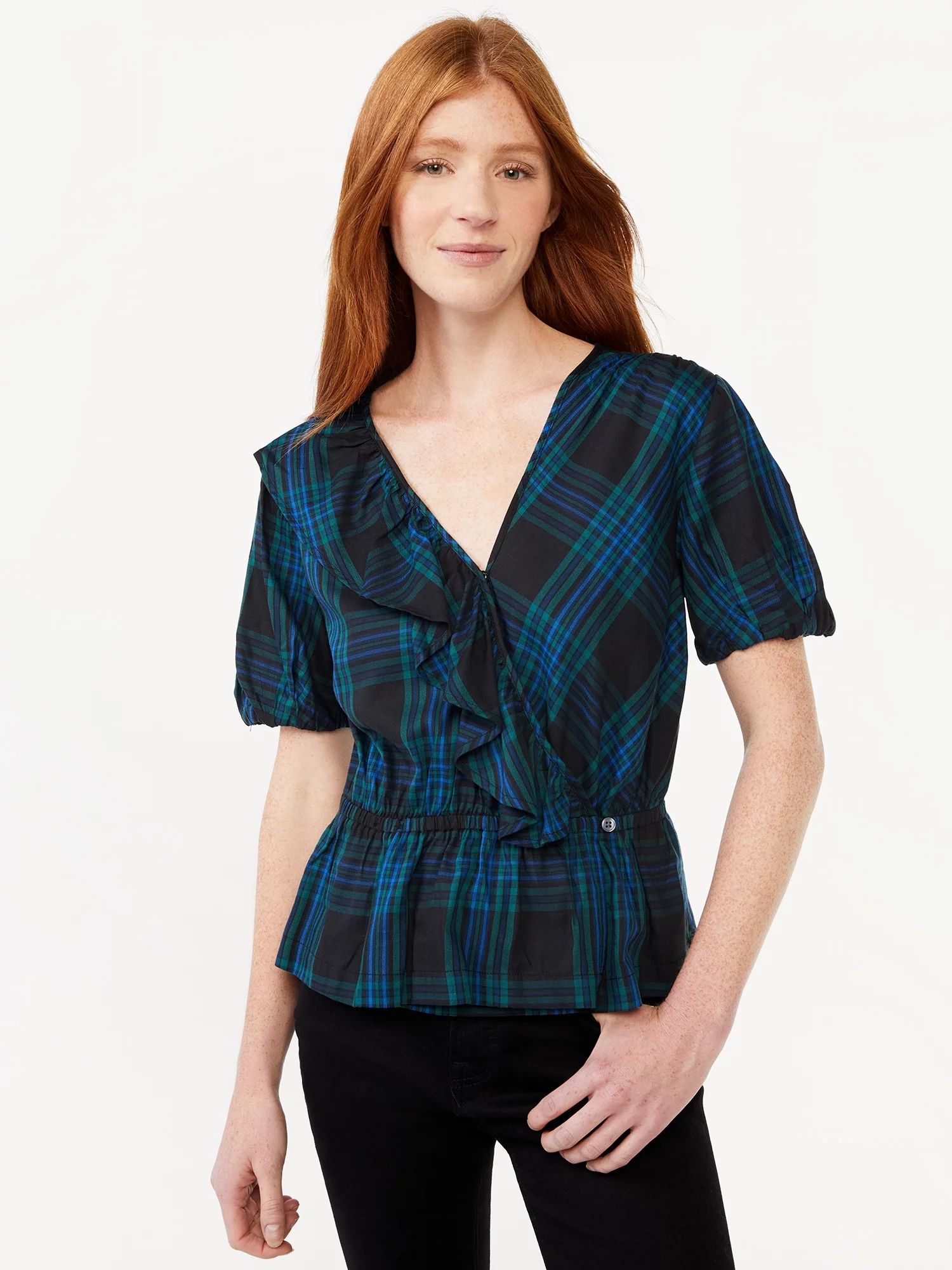 Free Assembly Women's Ruffle Wrap Top with Short Sleeves | Walmart (US)