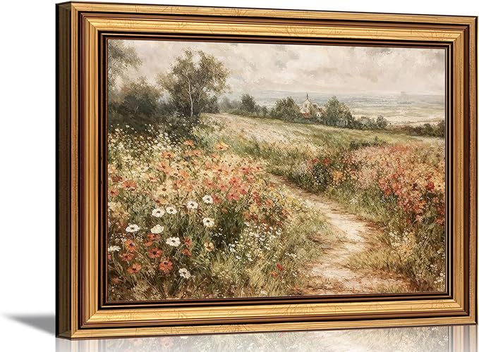 Vintage Gold Framed 3D Textured Wall Art Country Wildflower Field River Wall Decor Picture Summer... | Amazon (US)