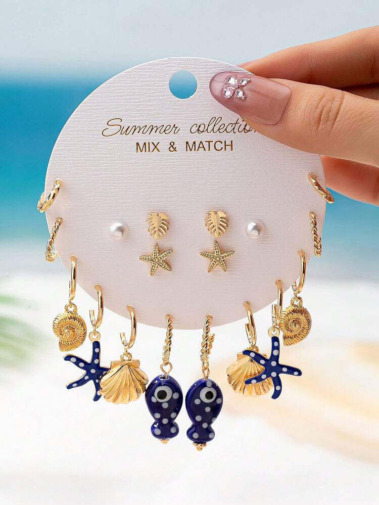 Summer Ocean Themed Ceramic Fish Starfish Earrings Set For Women, Mix Design Minimal Huggie Hoops... | SHEIN