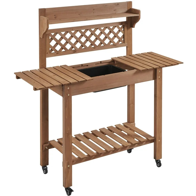 Topeakmart Garden Potting Bench Outdoor Wooden Work Station Table with Sliding Tabletop, Brown | Walmart (US)