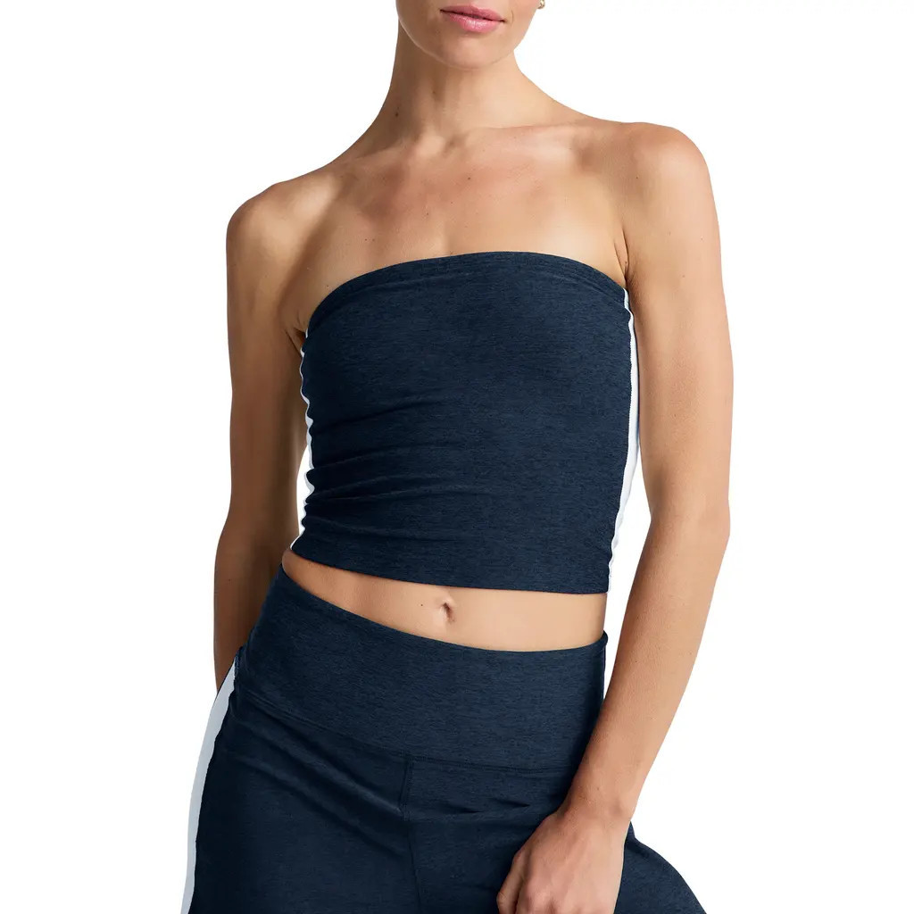 Beyond Yoga Space Dye Strapless Stripe Crop Top in Nocturnal Navy/Cloud White at Nordstrom, Size X-Small | Nordstrom