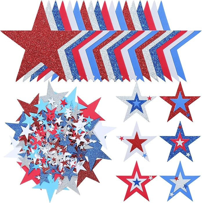 Tenare 224 Pieces Red White Blue Glitter Star Stickers Christmas Foam Glitter Star Stickers for C... | Amazon (US)