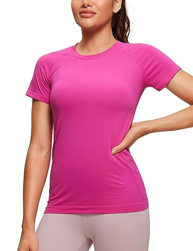 CRZ YOGA Seamless Workout Tops for Women Short Sleeve Athletic Tees Breathable Gym Running Yoga Shirts Hibiscus Purple X-Large | Amazon (US)