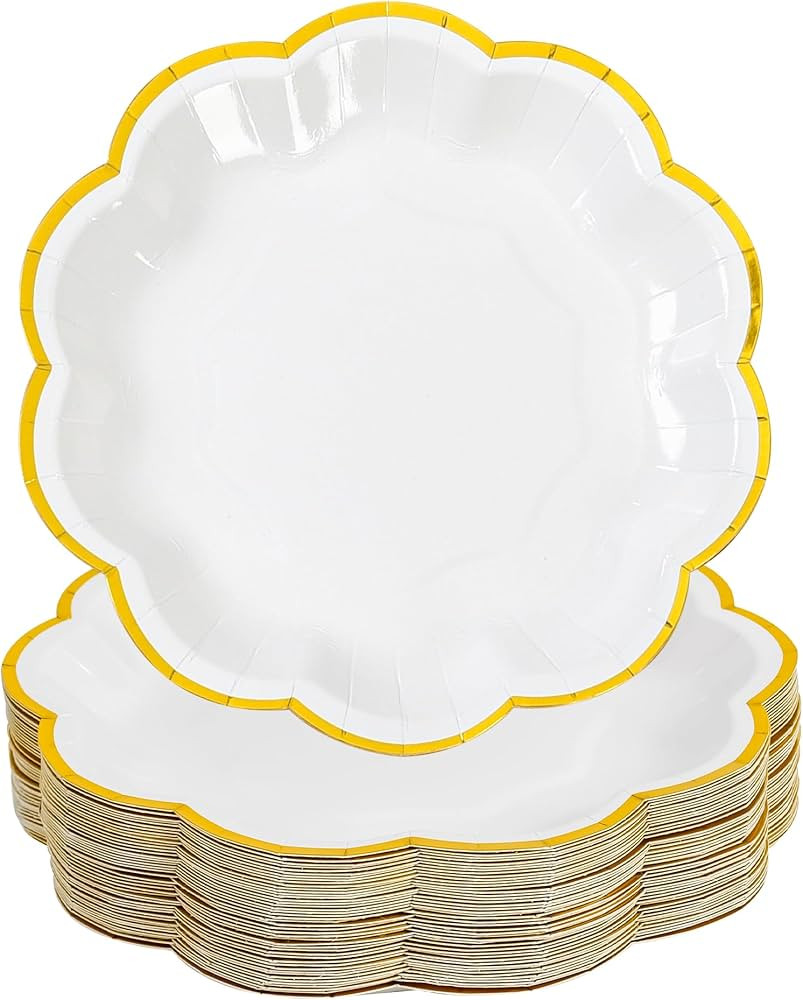 White Golden Party Plates Gold Foil Dessert Paper Plate 7inch Scalloped Edge Disposable Cake Plat... | Amazon (US)