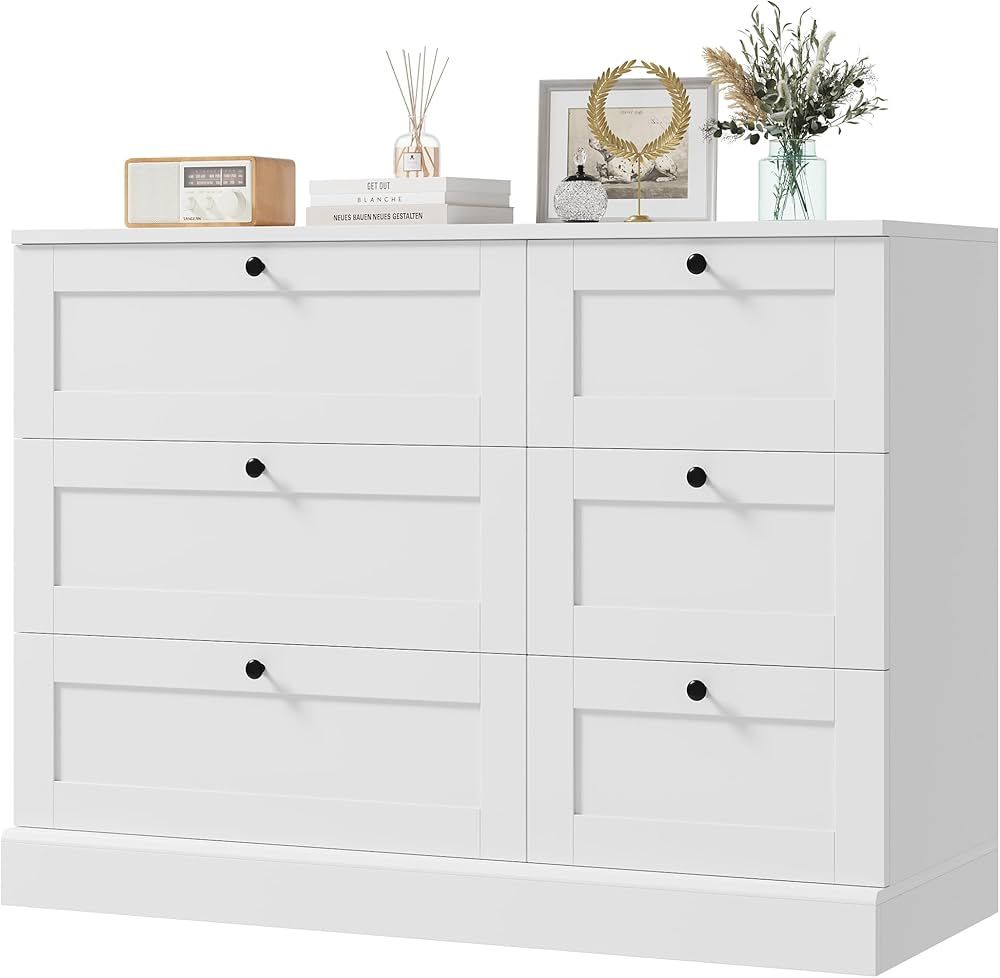 HOSTACK 6 Drawer Dresser, White Dresser for Bedroom, Wood Chest of Drawers, Wide Double Dresser, ... | Amazon (US)