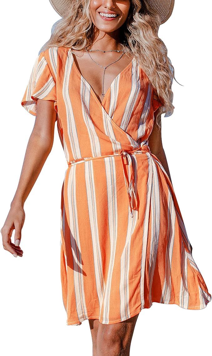 CUPSHE Women's V Neck Short Sleeve Striped Wrap Above The Knee Length Dress Orange | Amazon (US)