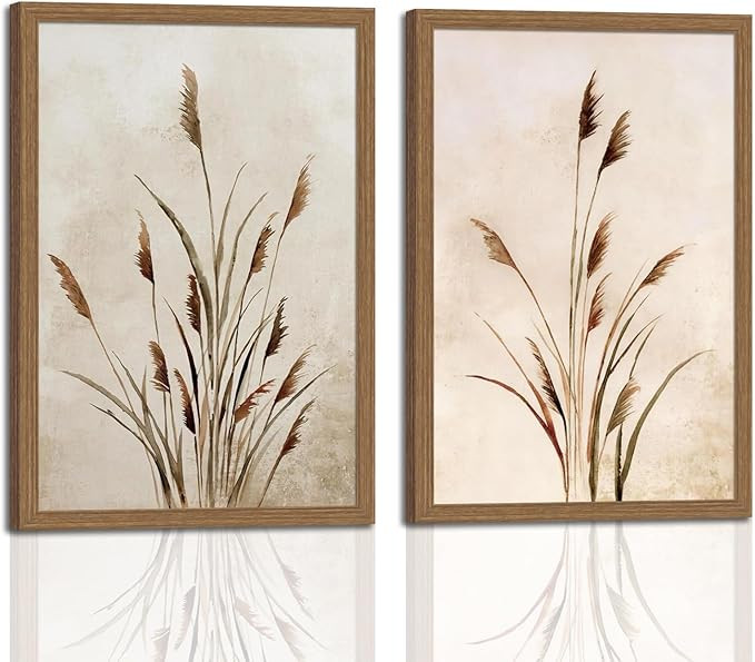 2pcs Framed Bohemian Reed Wall Art,Retro,Country-Style Natural Minimalist Botanical Canvas Painti... | Amazon (US)
