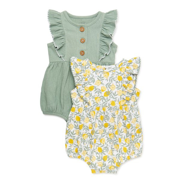 Wonder Nation Baby Girl Ruffled Romper, 2-Pack, Sizes 0M-24M | Walmart (US)