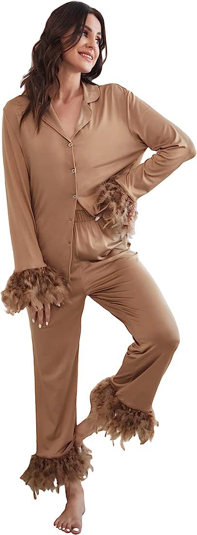 WDIRARA Women's Sleepwear 2 Piece Fuzzy Trim Button Down Long Sleeve and Pants Pj Set | Amazon (US)