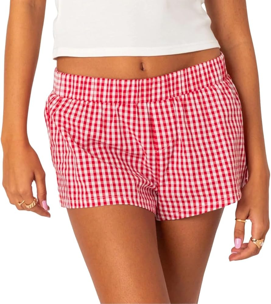 Y2k Plaid Shorts Cute Baggy Ginghem Boxer Shorts for Women Checked Lounge Pajama Bottom Preppy Sl... | Amazon (US)