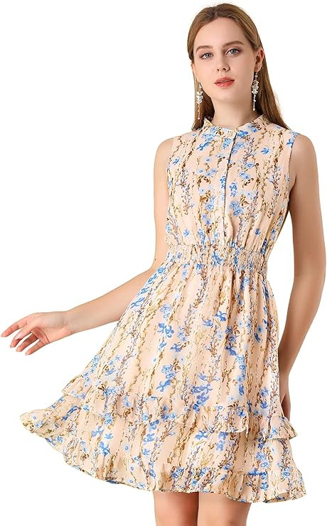 Allegra K Women's Mini Smocked Dresses Sleeveless A-Line Chiffon Floral Dress | Amazon (US)