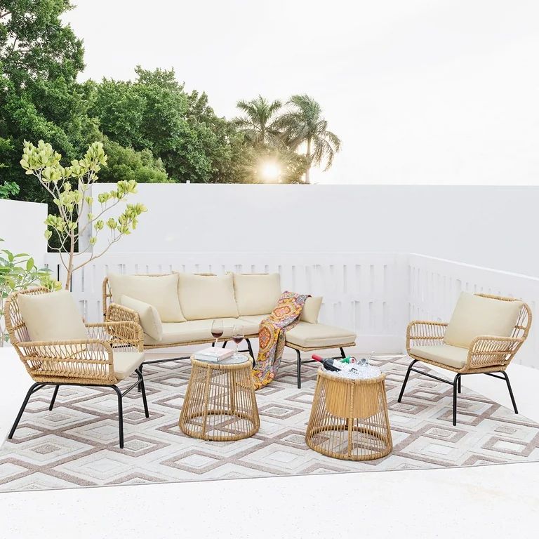 NICESOUL Boho Patio Wicker Furniture Outdoor Sectional Sofa Conversation Sets Beige Color | Walmart (US)