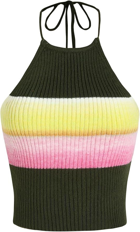 CIDER Miami Sunset Vacation Colorful Knit Halter Crop Cami Top | Amazon (US)
