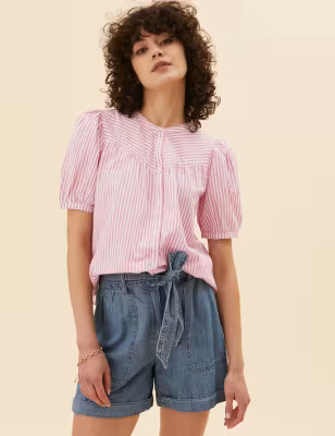 Pure Cotton Striped Puff Sleeve Blouse | Per Una | M&S | Marks & Spencer (UK)