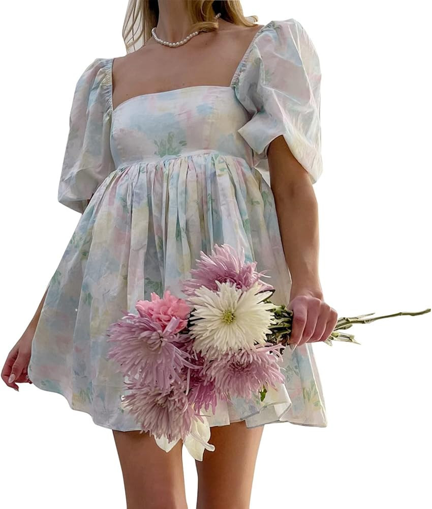 Womens Puff Sleeve Tulle Dress Princess Mini Dress Square Neck Bubble Sleeve Mesh Ruffle Dress fo... | Amazon (US)