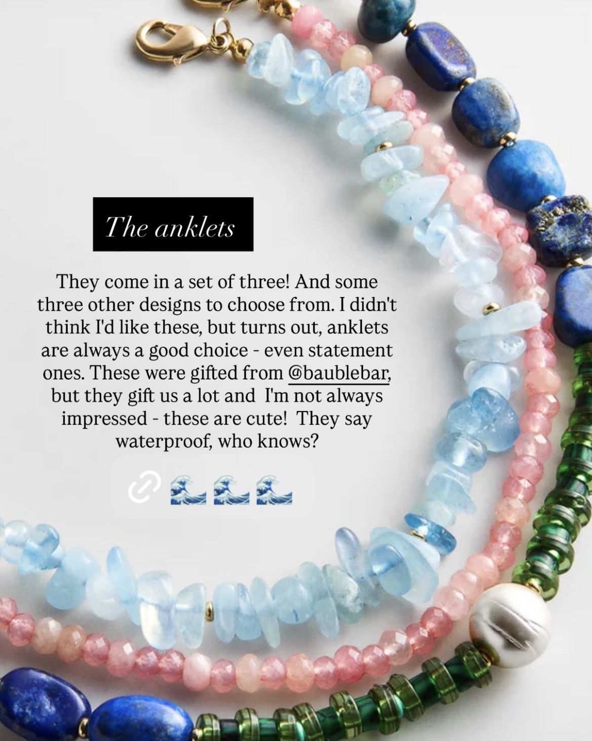 These are the anklets we posted to our IG story from BaubleBar (Rebecca’s a fan too). They come in these cute sets of the three and are available in four different color combos (shown in the other pics). It says waterproof too, but we haven’t tested that yet!

#LTKSeasonal