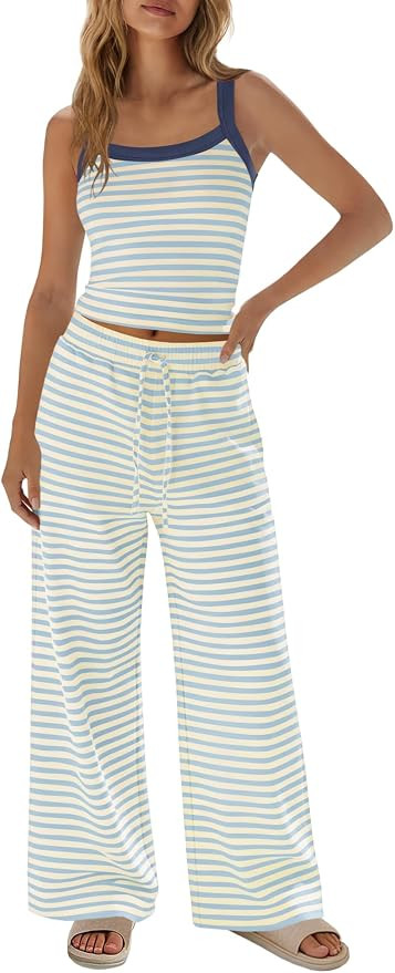 SENSERISE Womens Striped Lounge Set 2 Piece Outfits Spaghetti Strap Tank Top Wide Leg Pants Summe... | Amazon (US)