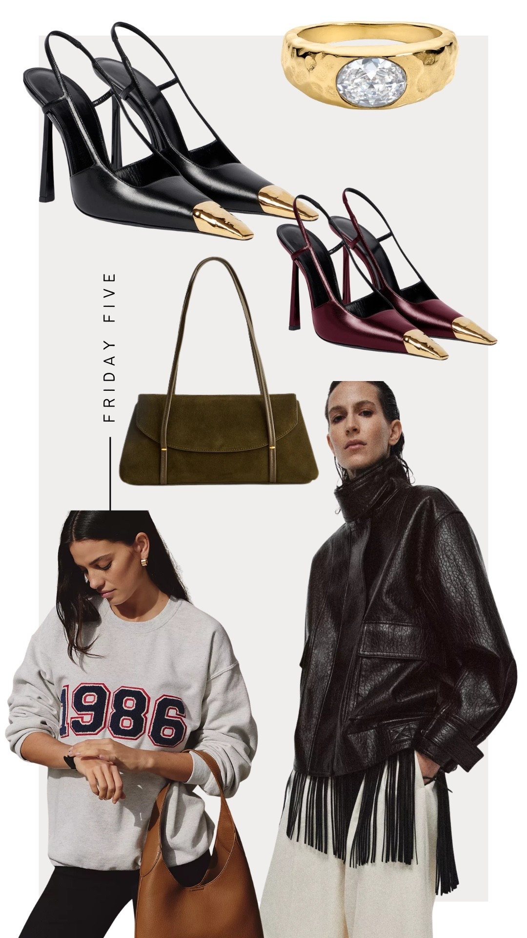 Friday Five: 2-20-26
-
Zara Brown Leather Jacket 
Madewell Suede Bag
Amazon Heels
1986 Sweatshirt 
Electric Picks Ring
