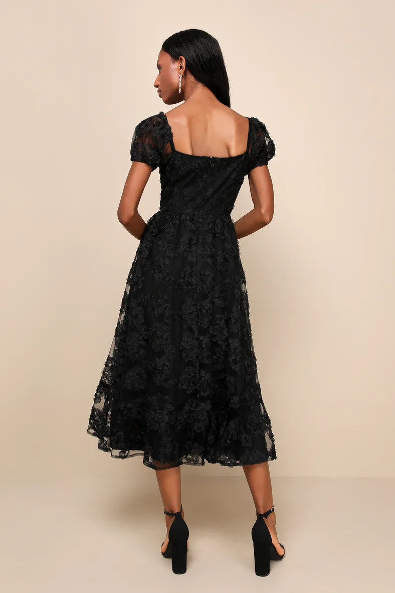 Notable Elegance Black Mesh Floral Applique Bustier Midi Dress | Lulus
