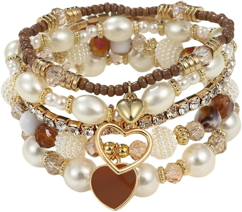 Pingyongchang Bohemian Stackable Beaded Bracelets Set for Women Multicolor Stretch Faux Pearl Hea... | Amazon (US)