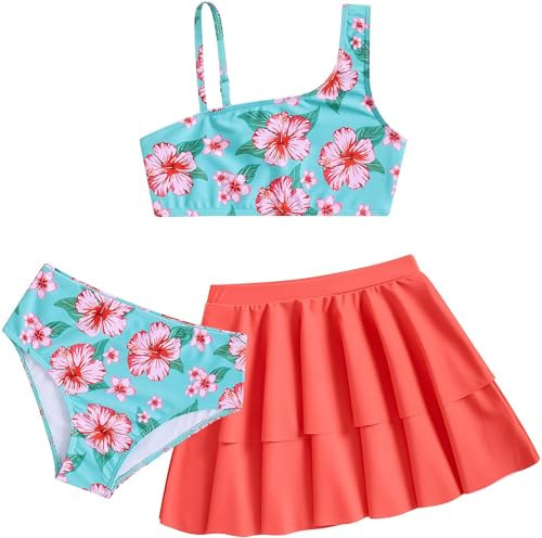 RAISEVERN Girls Bathing Suit 11-12 Years 3 Piece Swimsuit Adjustable Spaghetti Strap Tropical Floral Bikini Sets with Ruffle Cover Ups Beach Skirt Size 12 Cute Quick Dry Tankini Summer Swimwear | Amazon (US)
