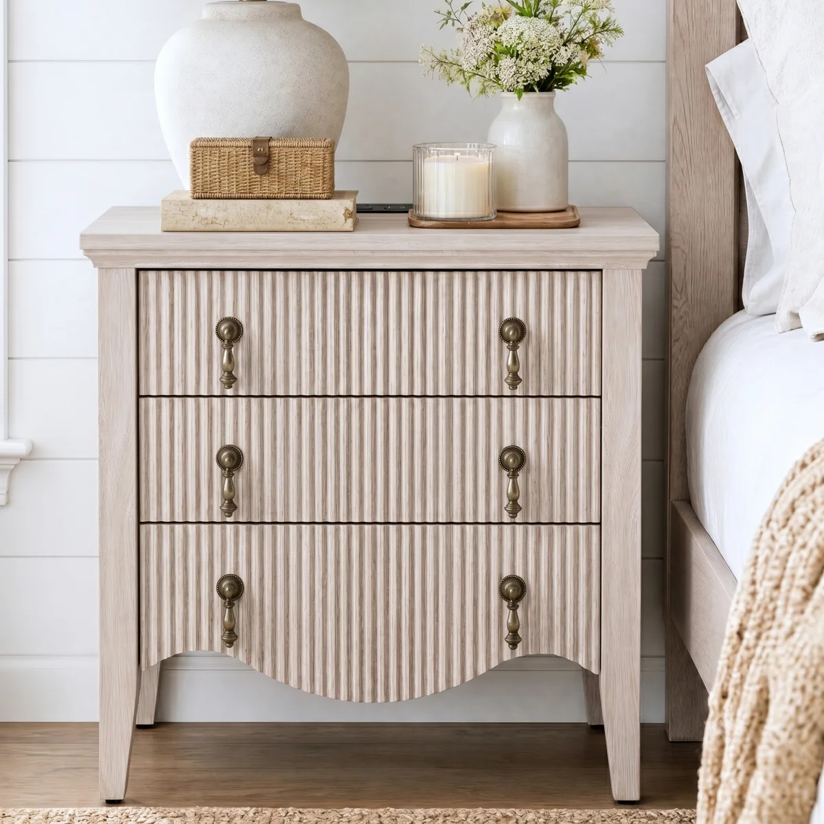 Avenall Nightstand With Charging Station, Vintage Bedside Table With 3 Fluted Drawers And Open Sh... | Wayfair North America