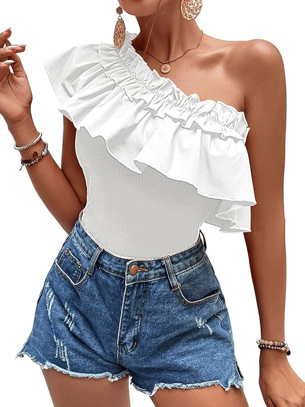 SweatyRocks Women's Solid One Shoulder Layered Ruffle Tee Shirts Butterfly Sleeve Fitted Casual Summ | Amazon (US)