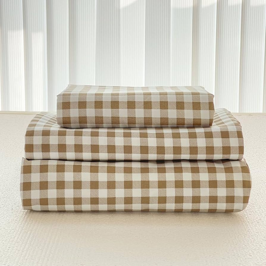 NSNLGSGC Tan Gingham Queen Sheet Set, Soft Brushed Microfiber Taupe Plaid Queen Bed Sheets, 4-Pie... | Amazon (US)