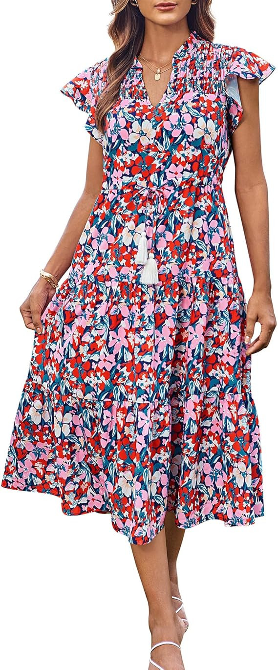 GRACE KARIN Womens Summer Floral Midi Dresses Short Sleeve Beach Wedding Guest Dress Drawstring L... | Amazon (US)