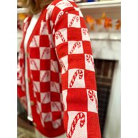 Christmas Knit Cardigan Sweater, Checkered Candy Cane Christmas Holiday Cozy Cardigan Button Up, Festive V Neck Cute Ugly Sweater Knitwear | Etsy (US)