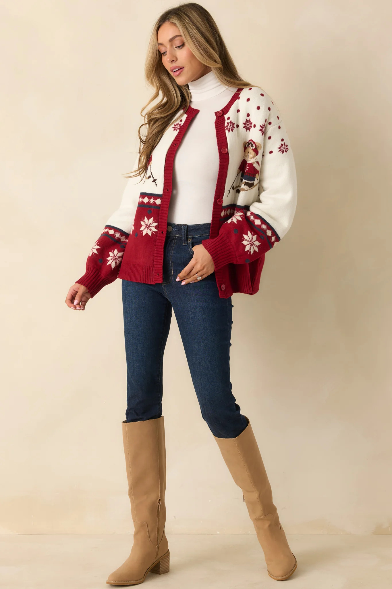 Ski Season Sweetie Ivory & Red Knit Ski Bear Cardigan Sweater | Red Dress