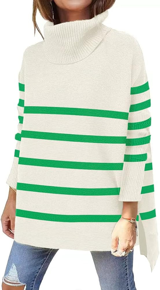 Women's Turtleneck Oversized Sweaters Long Sleeve Split Hem Striped Knit Pullover Tops | Amazon (US)