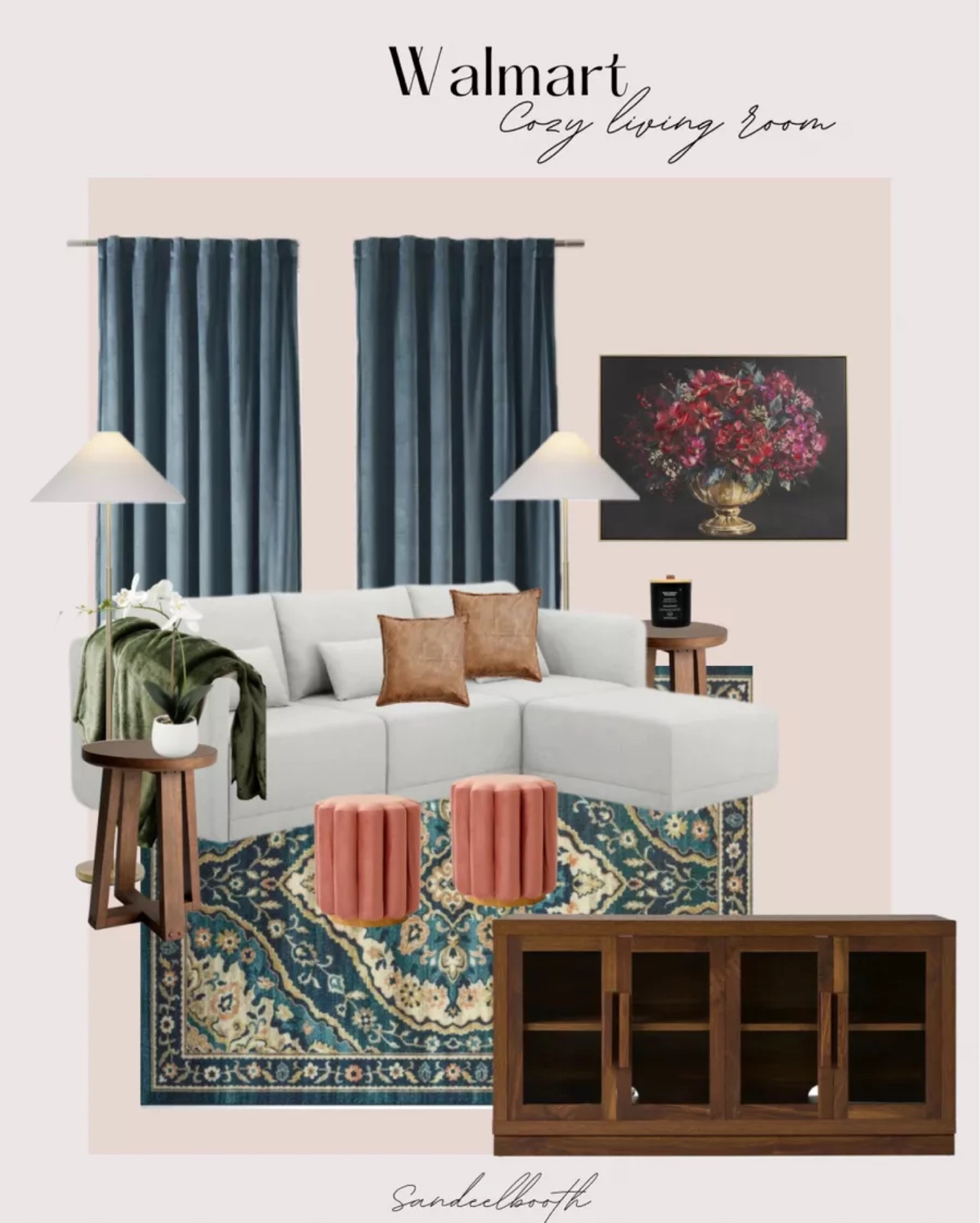 Cozy living room all from Walmart. Rug, velvet curtains, entertainment center, modular sectional, floor lamp, midcentury modern inspired, vintage inspired

#LTKFamily #LTKHome #LTKFindsUnder100