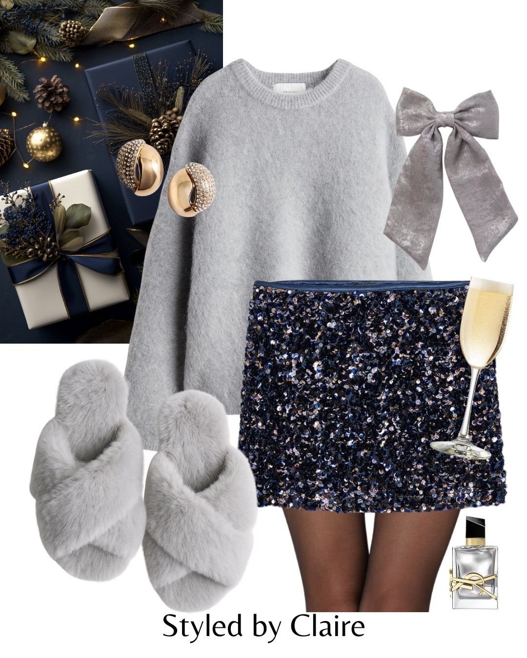 NAVY SEQUIN MINI SKIRT🪩
Tags: Zara blue grey mohair oversized jumper H&M fluffy cross band slippers dove shimmery metallic bow hair clip earrings festive partywear party inspo outfit ideas Christmas Day at home girls night in shimmery sparkly 

#LTKfestive #LTKstyletip #LTKpartywear