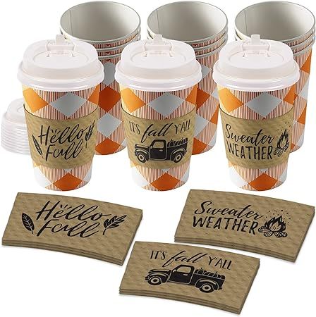 Disposable Coffee or Hot Chocolate Cups - Pumpkin Orange Buffalo Plaid With Lids & Kraft Cup Slee... | Amazon (US)