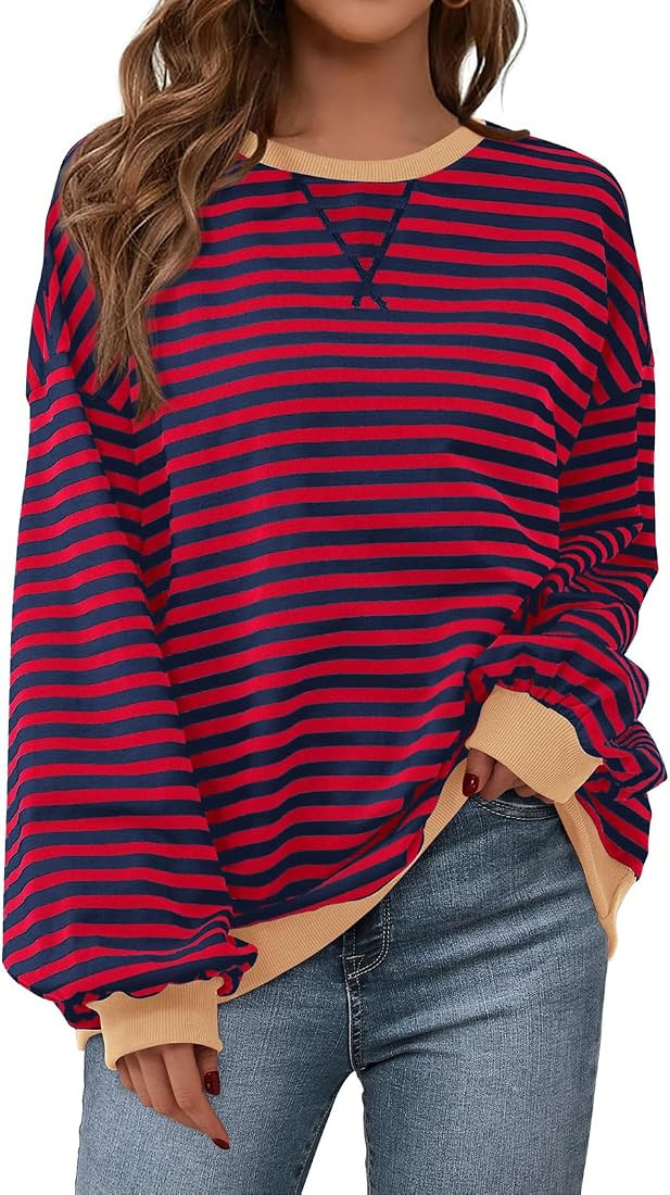 PRETTYGARDEN Womens Striped Oversized Sweatshirt Color Block Crew Neck Long Sleeve Casual Loose P... | Amazon (US)