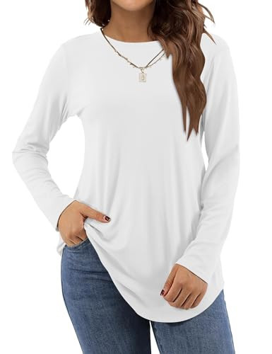 Amoretu Women's Long Sleeve Tunic Tops Fall Crew Neck Casual Loose Shirts, White L | Amazon (US)