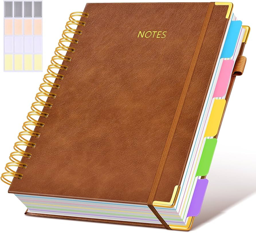 Hardcover Spiral Notebook Journal with Removable Dividers Tabs, 300 Pages Leather 5 Subject Noteb... | Amazon (US)