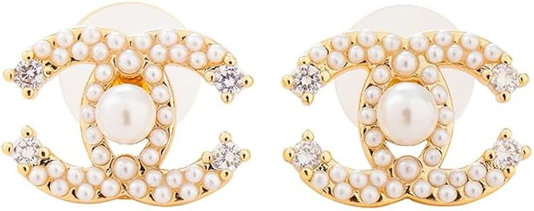 Elegant pearl silver needle stud earrings, letter design, women's fashion jewelry, classic style ... | Amazon (US)