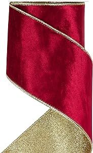 HUIHUANG 4 inch Velvet Wired Ribbon Red Christmas Tree Ribbon Double-Sided Glitter Gold Red Wire ... | Amazon (US)