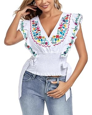 YZXDORWJ Women Mexican Embroidered Off-Shoulder Shirt Lace Falbala Top | Amazon (US)