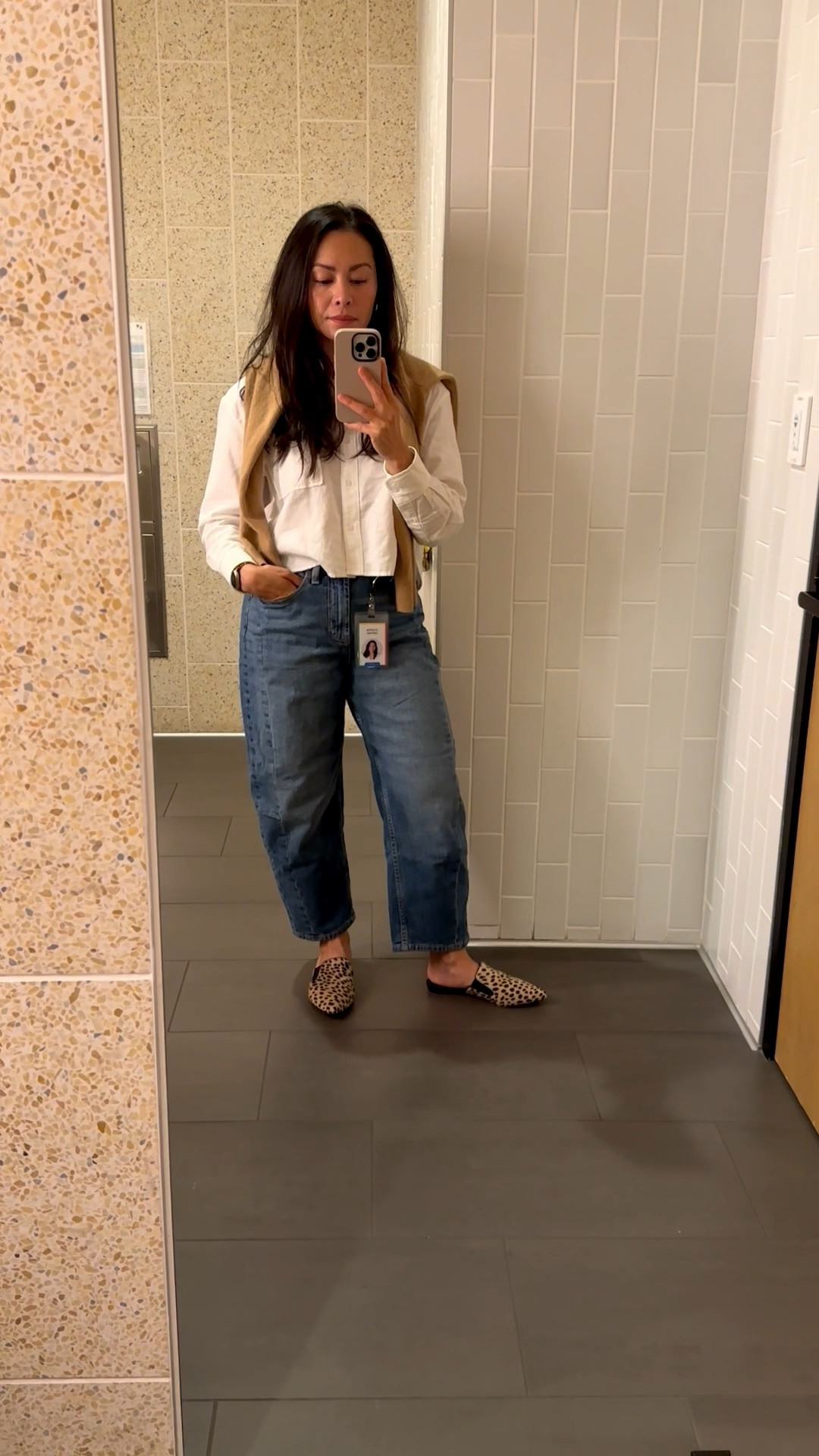 Work outfit of the day - cropped white button down shirt, dark barrel jeans, camel cashmere sweater and leopard mule shoes. All affordably priced (minus the shoes!).

#LTKOver40 #LTKPetite #LTKWorkwear