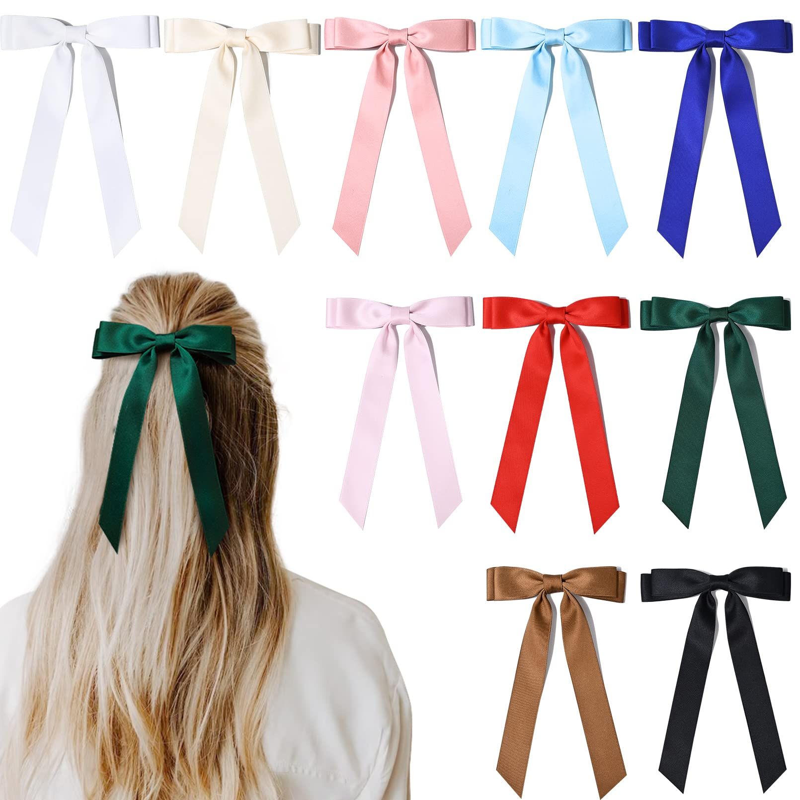 10PCS Silky Satin Hair Bows Hair Clip Ribbon Accessories Ponytail Holder Slides Metal Clips French Barrette Hair Bow for Women Girls Toddlers Teens Kids | Amazon (US)