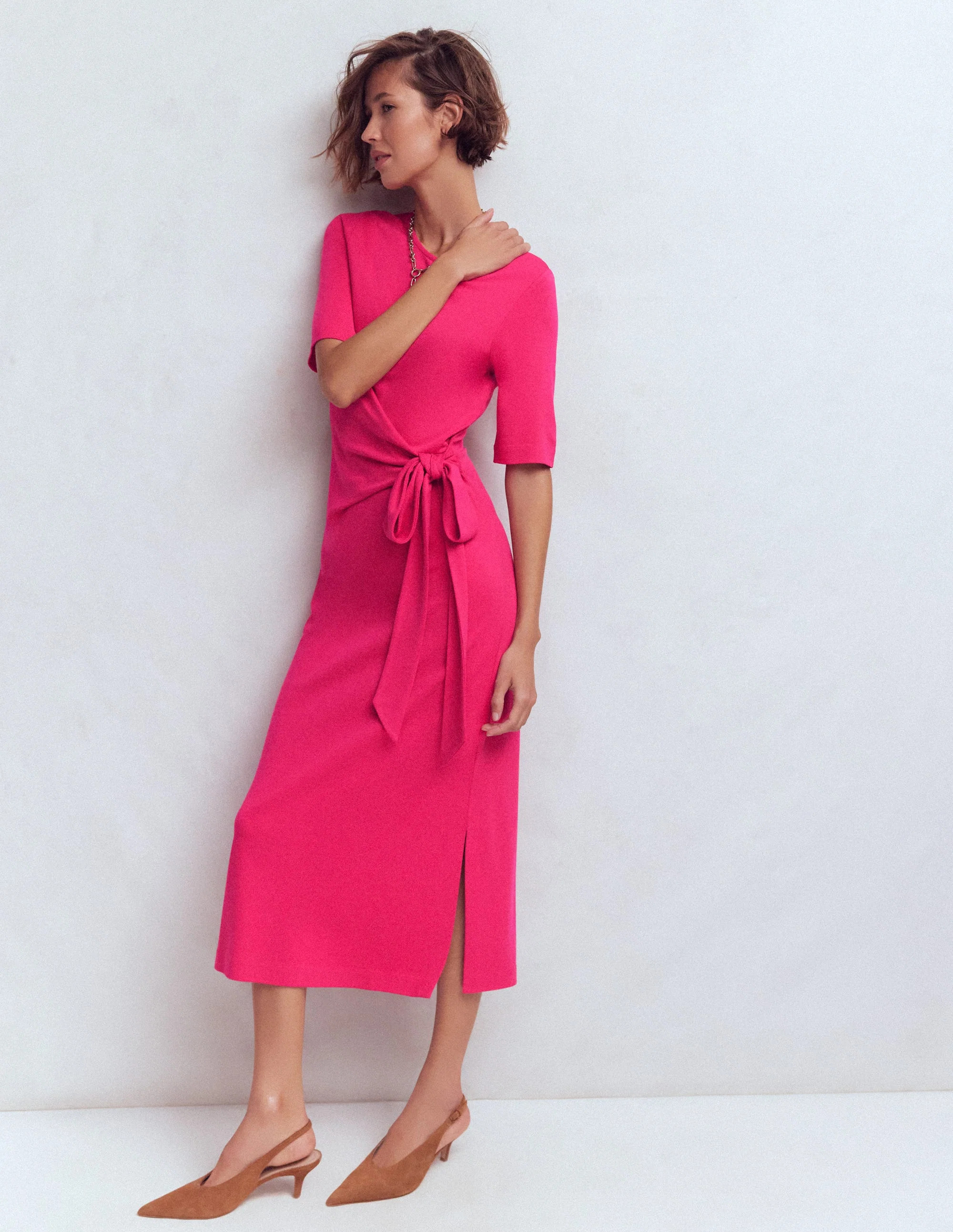 Zinnia Tie Jersey Midi Dress-Vibrant Pink | Boden UK